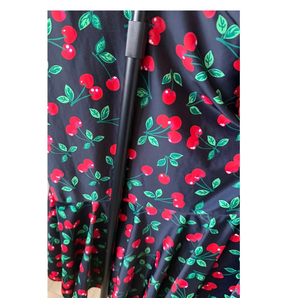 Cherry Print Swim Dress One Piece V-Neck Ruched Skirted Swimsuit Black XXXL - Picture 3 of 4